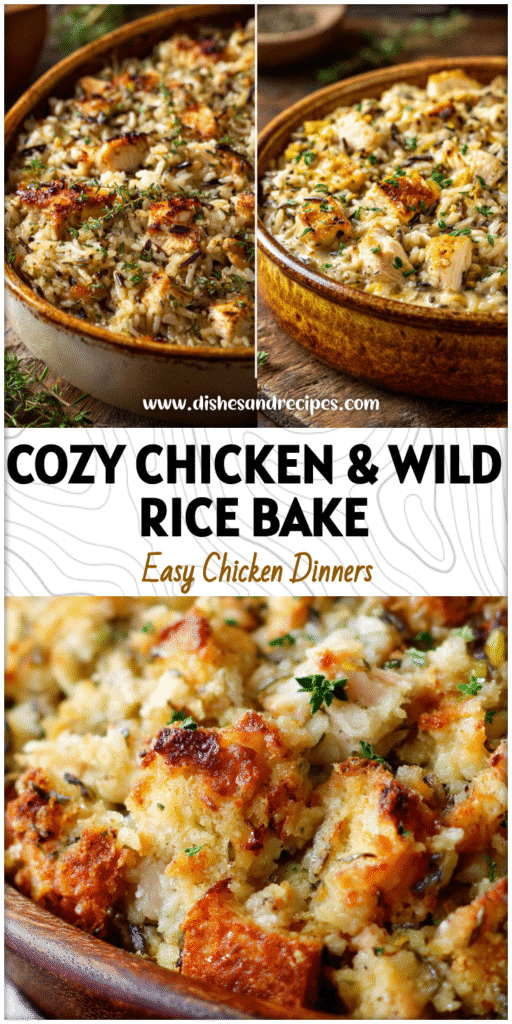 Golden baked Chicken and Wild Rice Casserole topped with herbs in a rustic dish